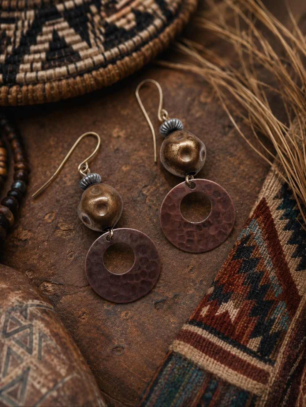 Vintage Artisan Boho Tribal Hammered Copper Mixed Metal Dangle Earrings